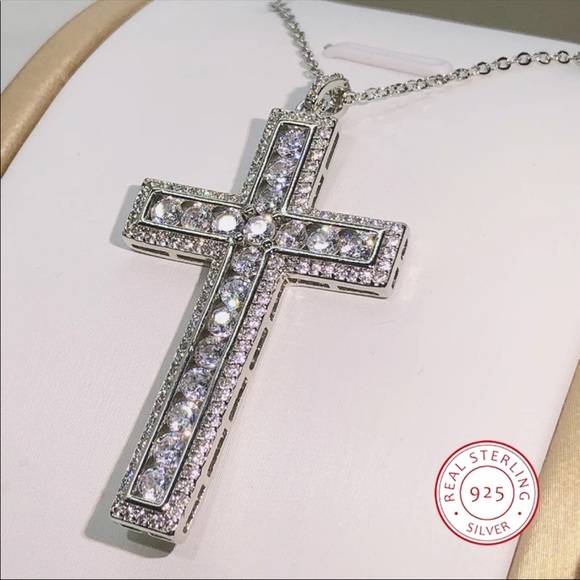 New 925 Silver Men Women Luxury Cross Diamond Necklace - Picture 7 of 16